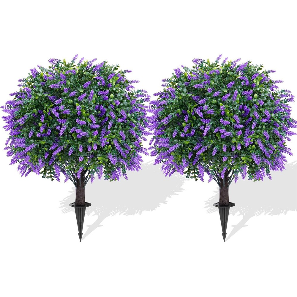 Set of 2 Artificial Lavender Topiary Ball Trees with Ground Spike for Outdoor...