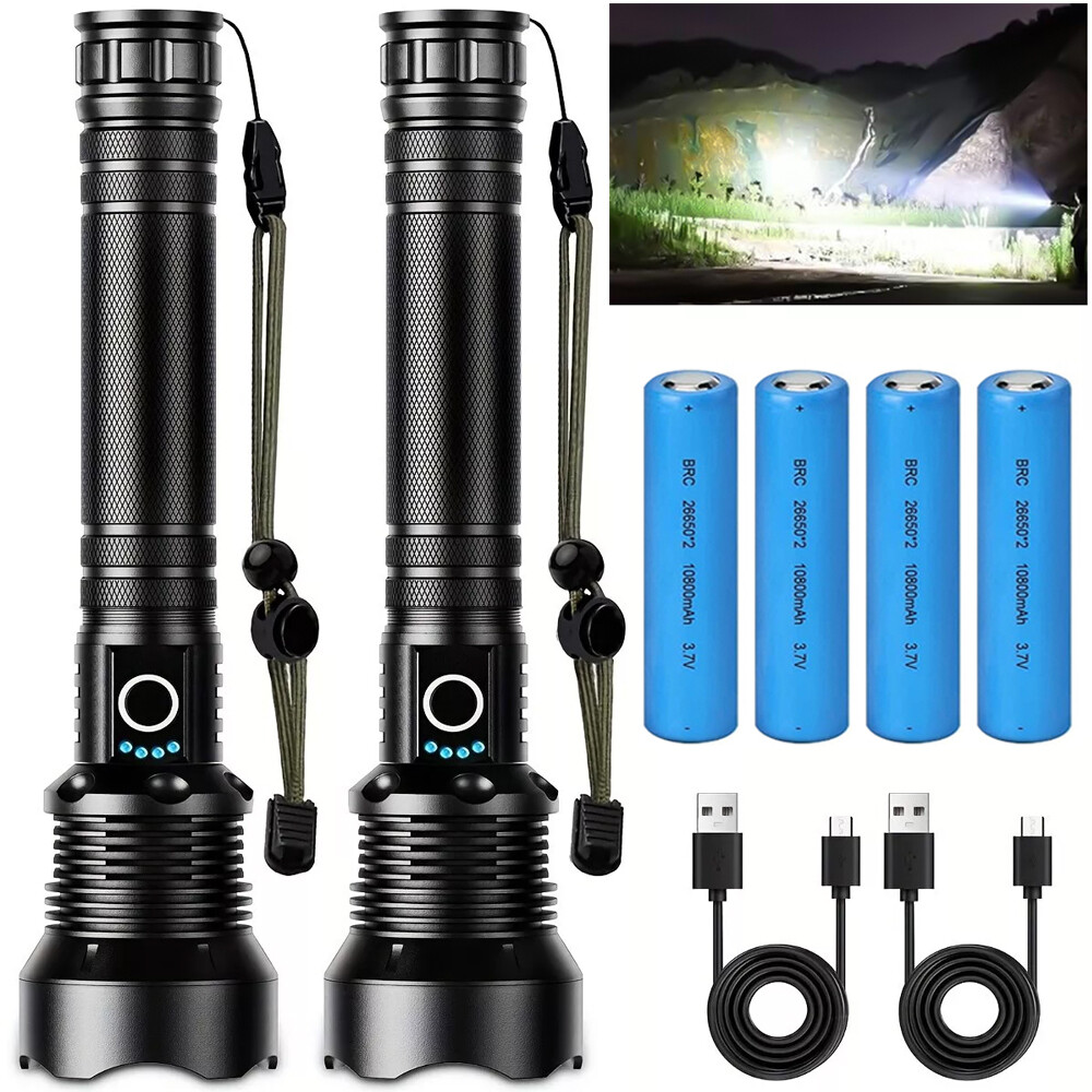 Super Bright LED Tactical Flashlight Rechargeable Work Light Zoom Torch (2-PACK)