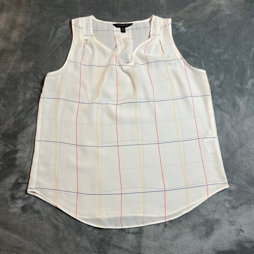 Banana Republic Window Pane Plaid Sleeveless V-Neck Blouse Size X-Small Office