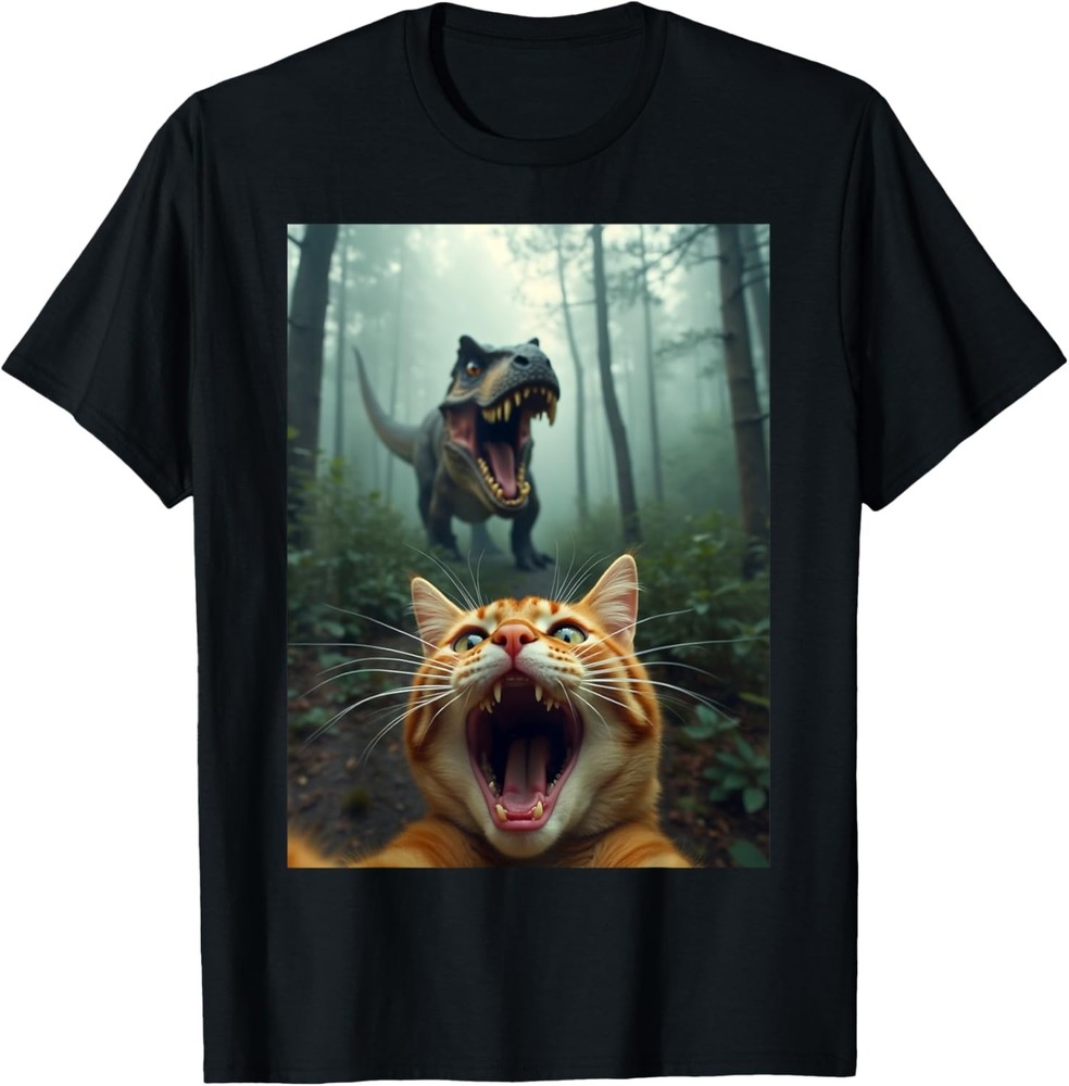 Cat Selfie With T-Rex Dinosaur T-Shirt