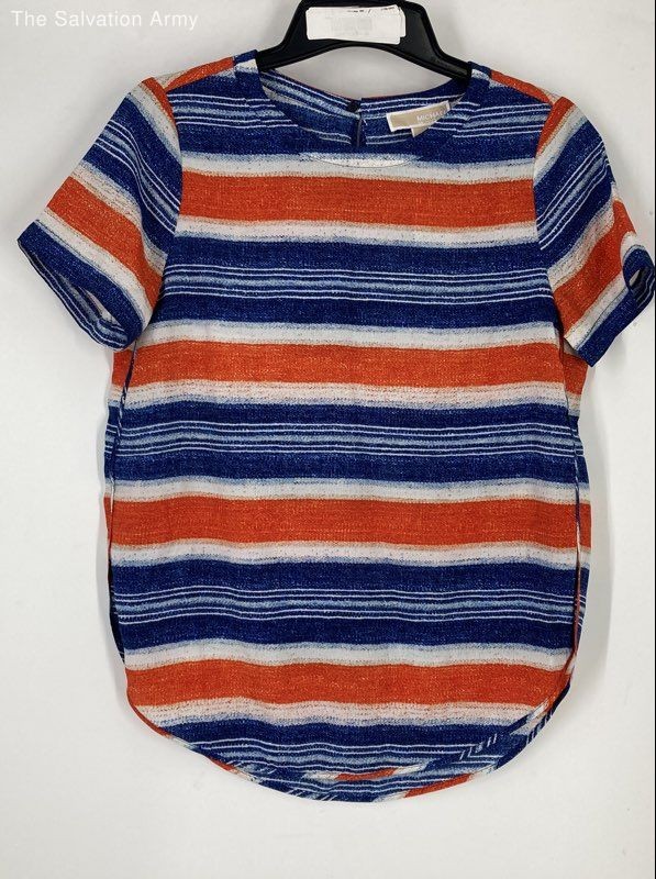 Michael Kors Womens Navy Blue White Orange Striped Short Sleeve Blouse Top Sz M