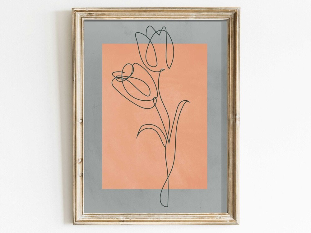 Floral Boho Wall Art Botanical Bohemian Decor Minimalist One Line Art Apricot