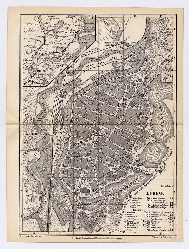 1886 Original Antique Map Of Lübeck / Lubeck / Schleswig-Holstein / Germany