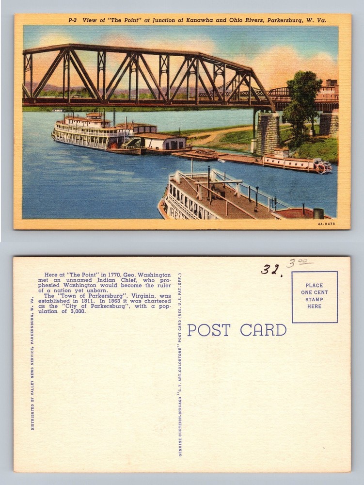Parkersburg, West Virginia, Riverboat Scene at The Point Vintage c1940 Postcard