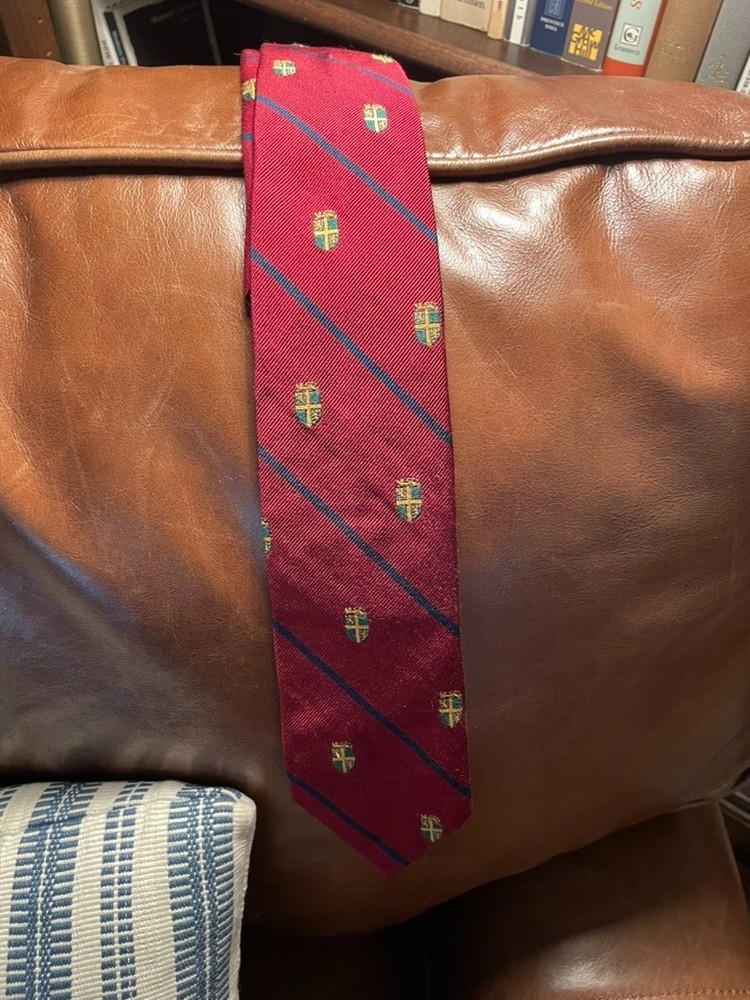 Polo Ralph Lauren Tie - Maroon w/ Navy Stripes -  Green/Gold Crest - 100% Silk