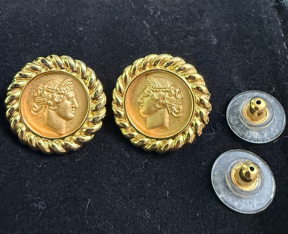 Vintage Signed MONET Roman Coin Stud Earrings - Matte Gold Tone & Rope Border