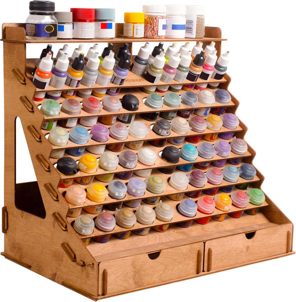 Wooden Paint Organizer - 74 Holes Suitable for Vallejo, Citadel, Tamiya Paint Bo