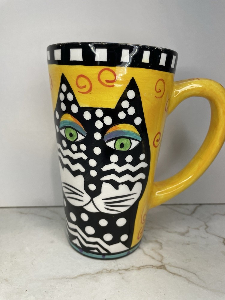 VTG 90s Laurel Burch Tall Coffee Mug Black Cat Whimsical Design