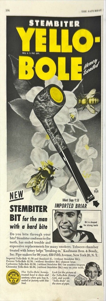 Tobacco Pipe-Yello-Bole, Honey Treated Stembiter Vintage Print Ad 1949