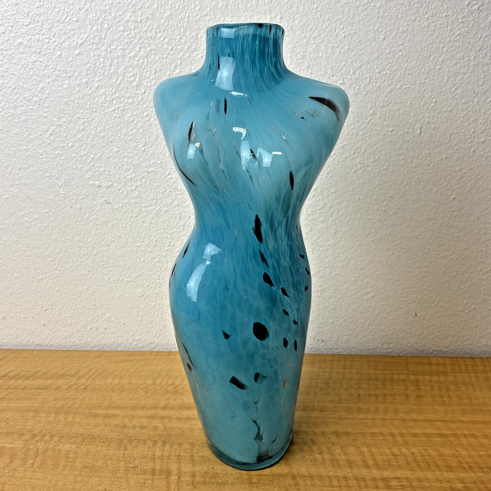 Vintage Murano-Style Art Glass Female Torso Vase w/ Blue Black Speckles 13