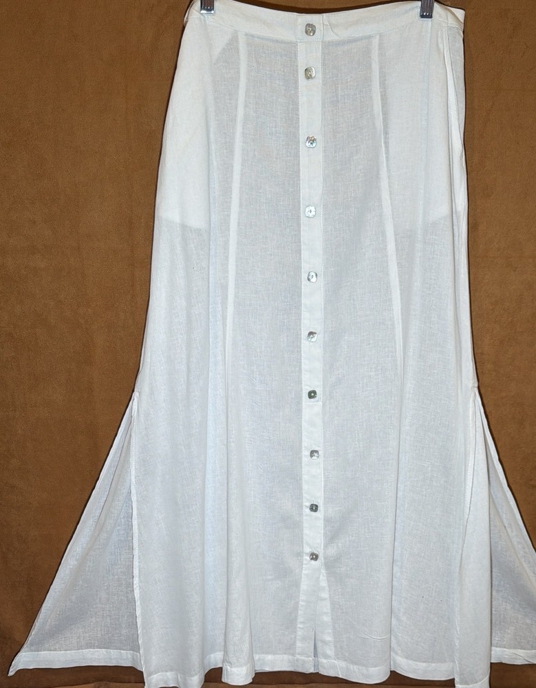C & C California White Linen Maxi Skirt Button Up Comfort Waist Size M Pockets