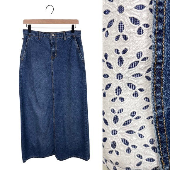 Vintage Ralph Lauren Cotton Denim Bias Skirt White Eyelet Slit Women's Size 6