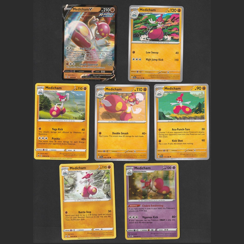 Medicham Pokemon Card Collection Set of 7 English Cards Holo V Rare Fighting