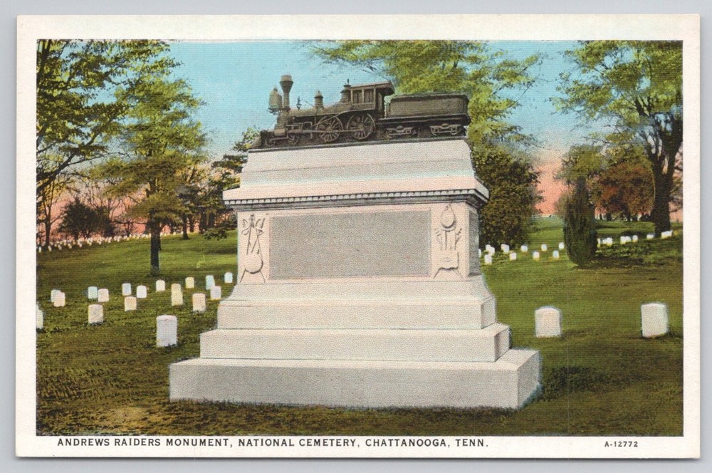 Andrews Raiders Monument Chattanooga TN Postcard Civil War Locomotive