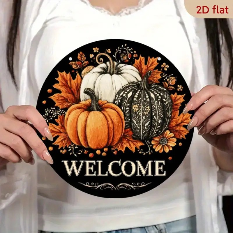 Vintage Fall Welcome Round Aluminum Sign Pumpkin Leaves Design