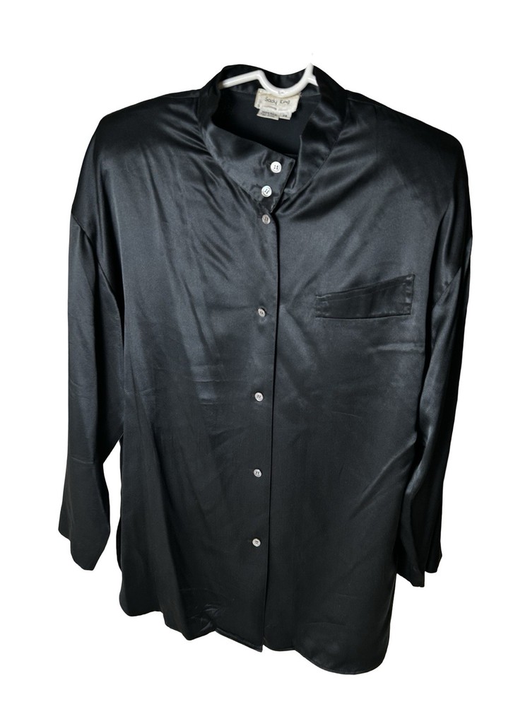 Sady King 100% Silk Blouse Women Size 14 Black Mandarin Collar Western Pocket