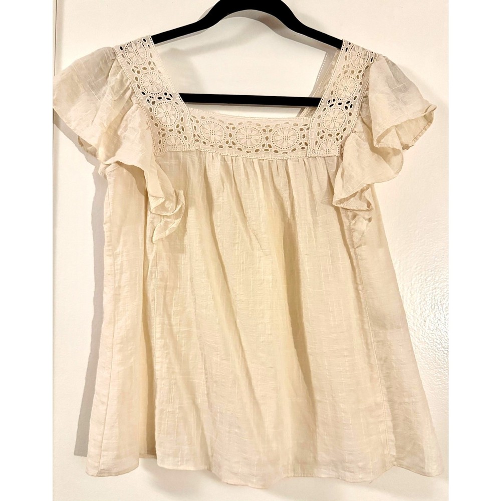 Max Studio Flutter Sleeve Square Neck Eyelet Blouse  – Antique White – XS