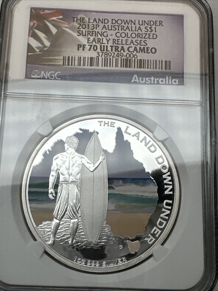 2013 Australia $1 Colorized Land Down Under- Surfing 0.999 Fine 1 oz NGC PF70 UC