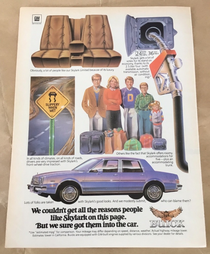 Buick Skylark car ad 1981 original vintage print 1980s retro automobile illus.