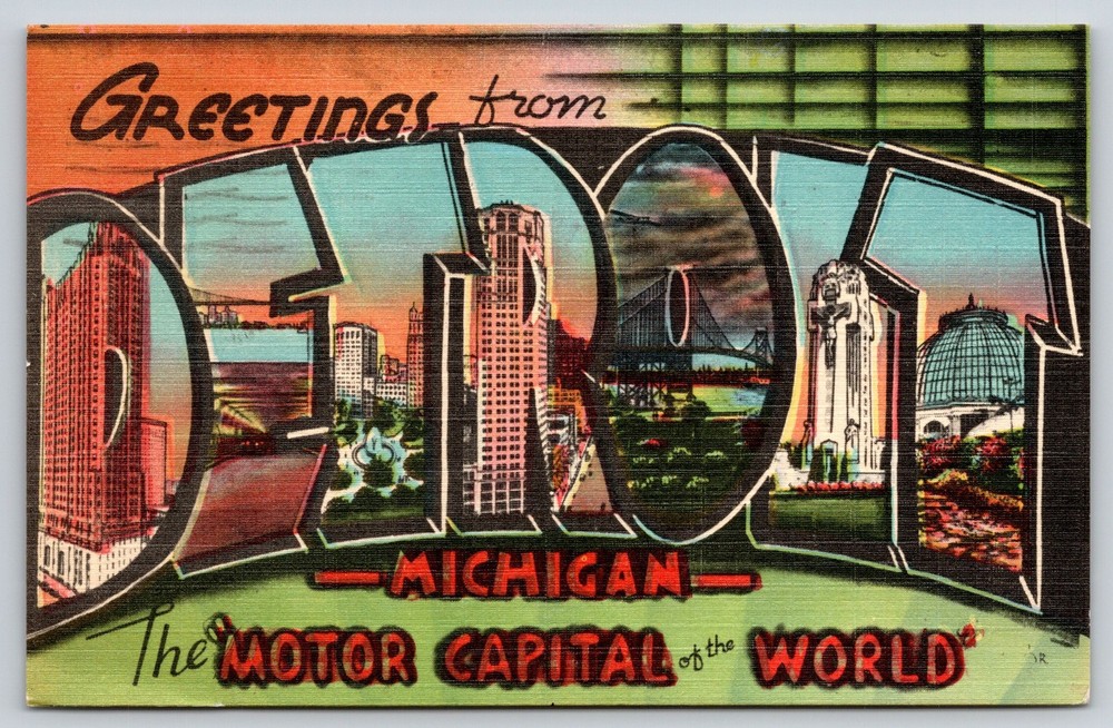 Greetings From Detroit MI~Skyscrapers~Bridge~Dome~Large Letter Linen 1949 PC