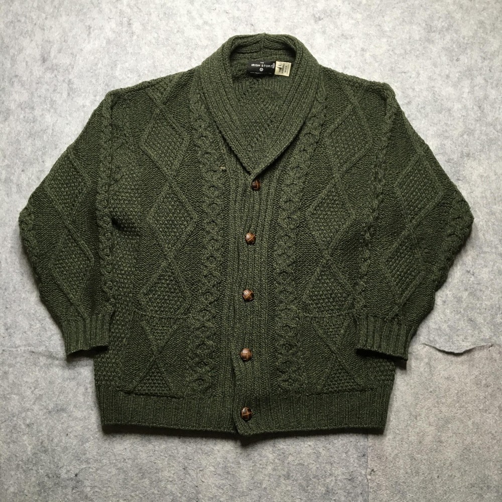 The Irish Store Cardigan Sweater Mens Large Green Merino Wool Aran Shawl Collar