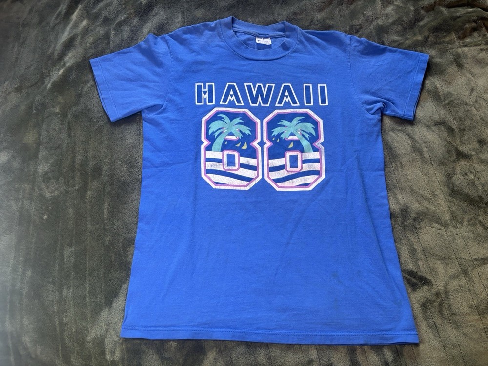 Vintage Hawaii Shirt Mens Medium Blue 88 Palm Tree Beach Surf Travel 80s Stedman