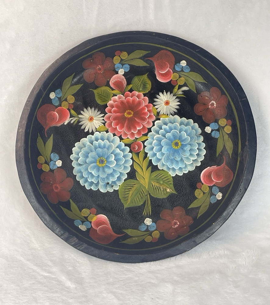Vintage Hand Painted Folk Art Wood Wall Bowl Floral Decor 10.25”
