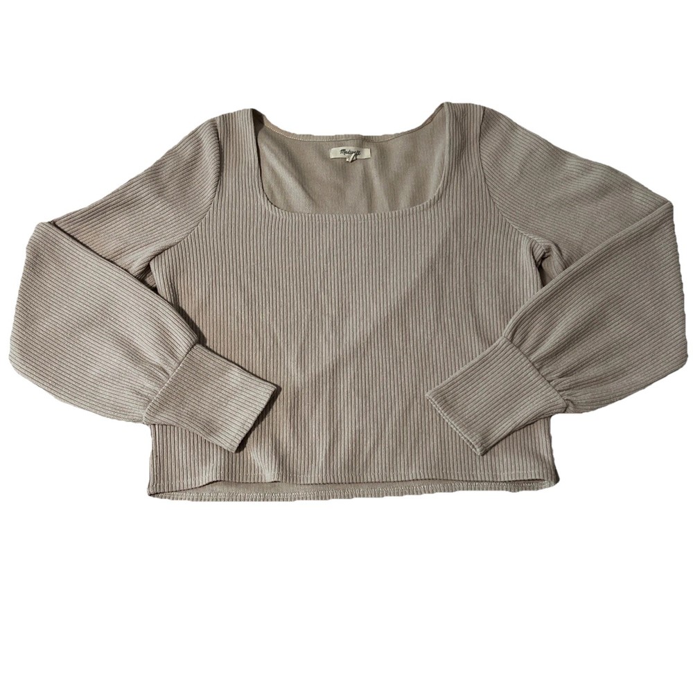 Madewell Shirt Womens Small Light Tan Ribbed Square Neck Long Sleeve Knit Top