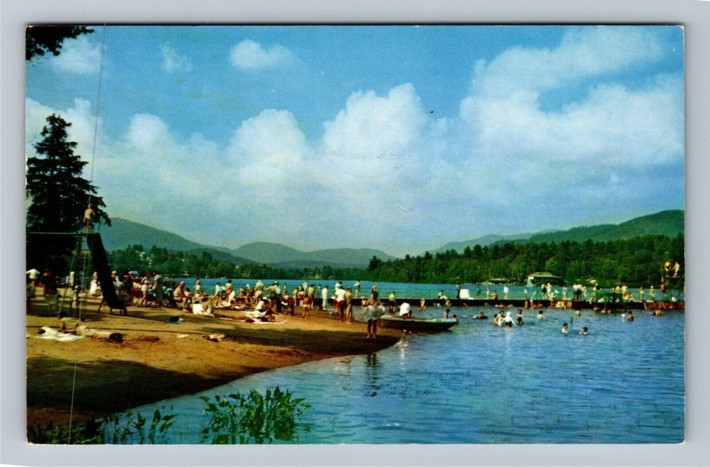 Lake Placid NY-New York, Municipal Bathing Beach Mountains Chrome c1957 Postcard