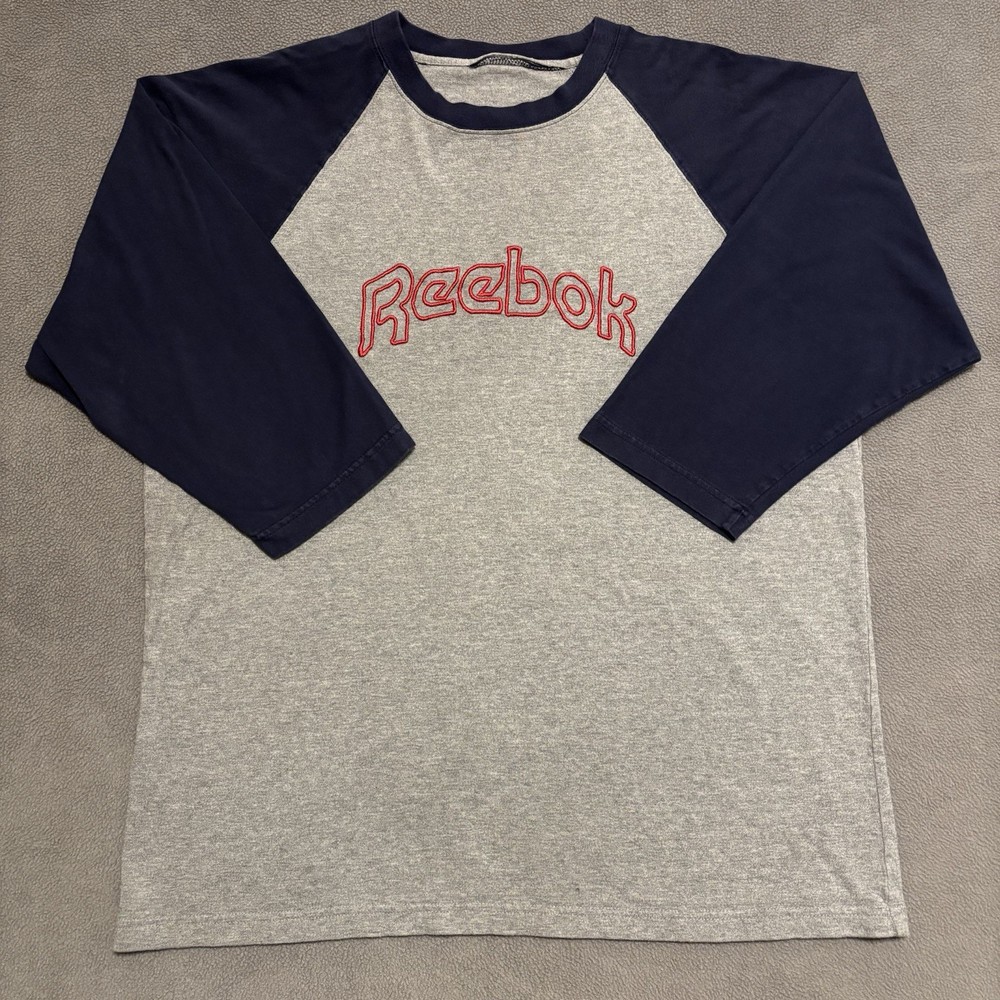 Vtg Reebok Baseball Shirt Men's XL Gray Navy Blue 3/4 Sleeves Embroidered READ