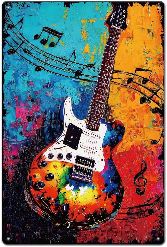 Colorful Guitar Metal Tin Sign Retro Cocktail Wall Art Plaque Rectangle