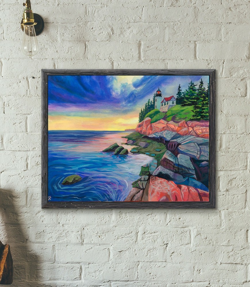 Lighthouse Painting, National Park Poster, Acadia Print, Landscape Gouache Art-image