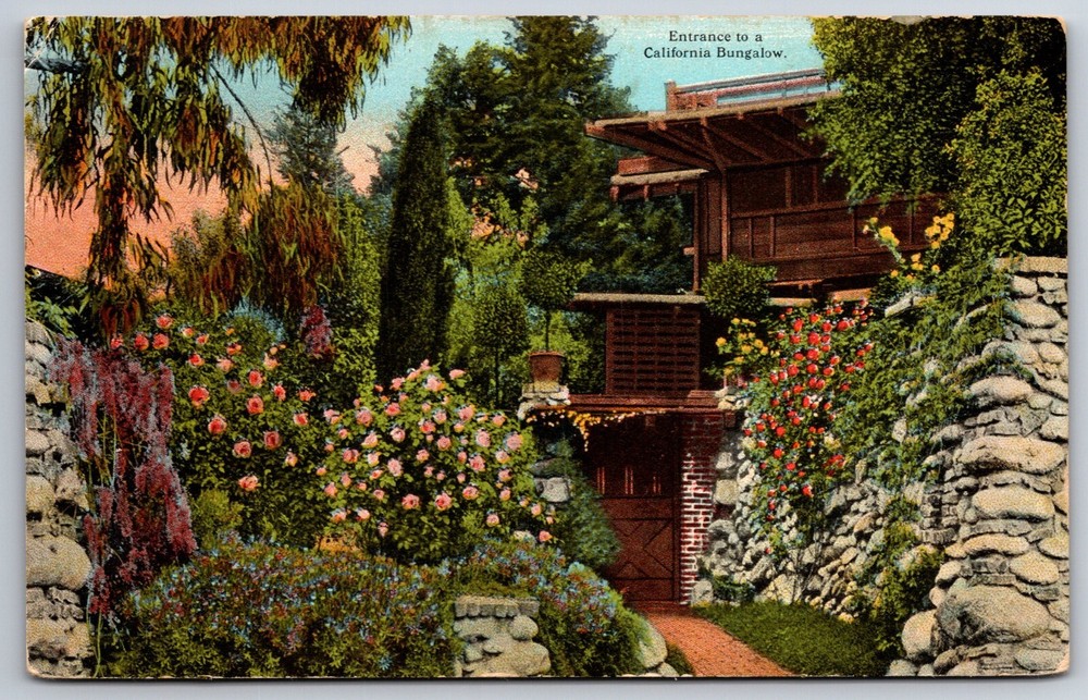 Flowers~Garden Entrance To A California Bungalow Home~Western Pub Vtg Postcard