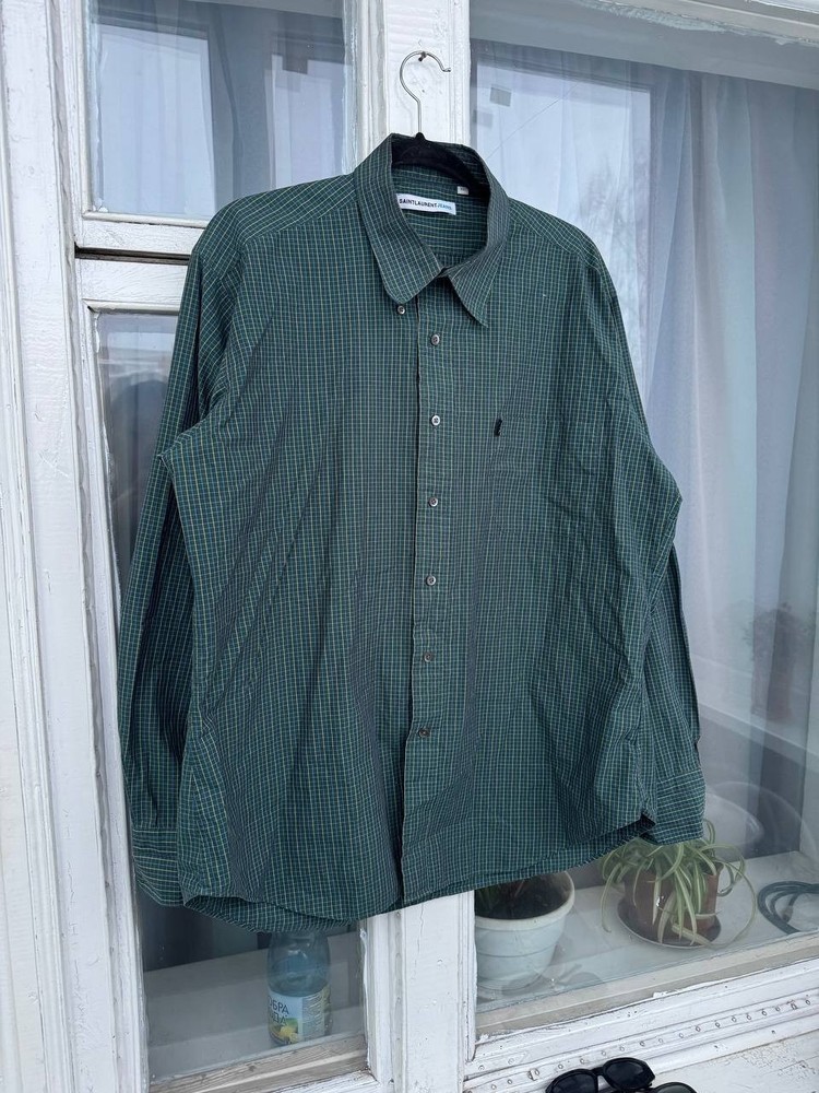 Vintage Yves Saint Laurent Jeans Shirt Mens XL Green Checked Pattern Long Sleeve