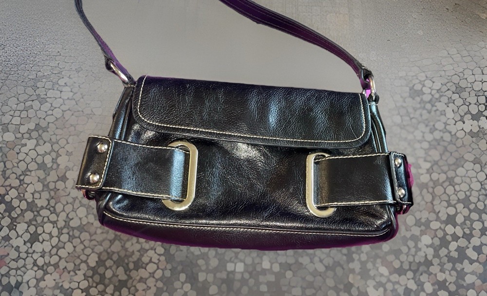 Vintage WILSONS Leather Black Shoulder Bag Contrast Stitch