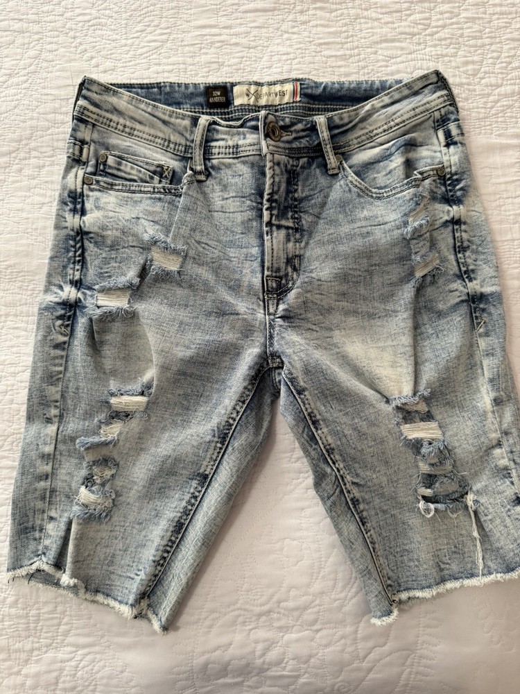 Denim Shorts Mens 32 Blue Light Acid Wash Distressed Bermuda Raw Hem Streetwear