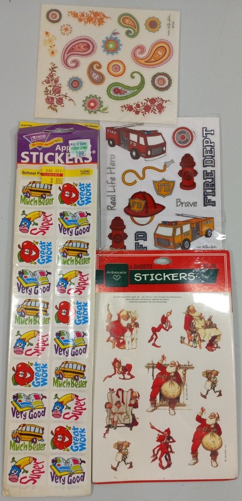 Christmas Santa Elfs Fire Truck Stickers - Lot of 4 New Sealed Rewards