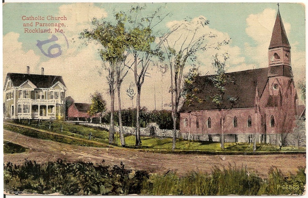 Catholic Church and Parsonage in Rockland ME Postcard 1916