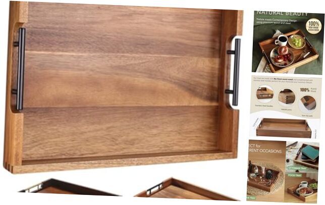 Acacia Wood Serving Tray with Metal Handles 17x13 Inches Natural Finish-image