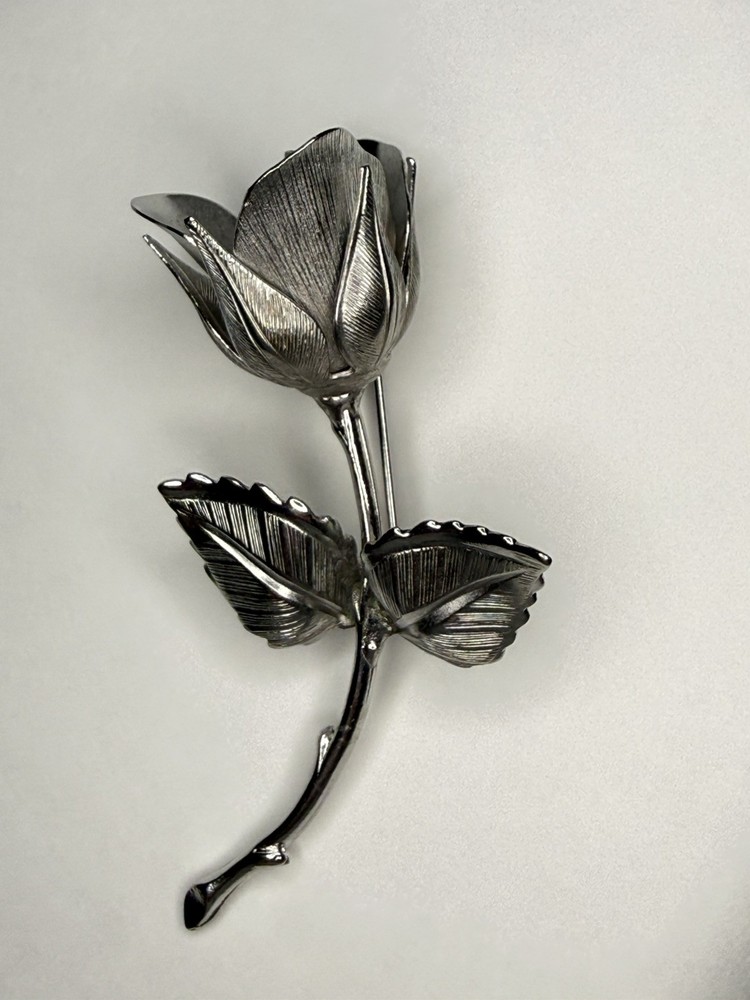Vintage GIOVANNI Long Stem Rose Silver Tone Brooch Pin Signed