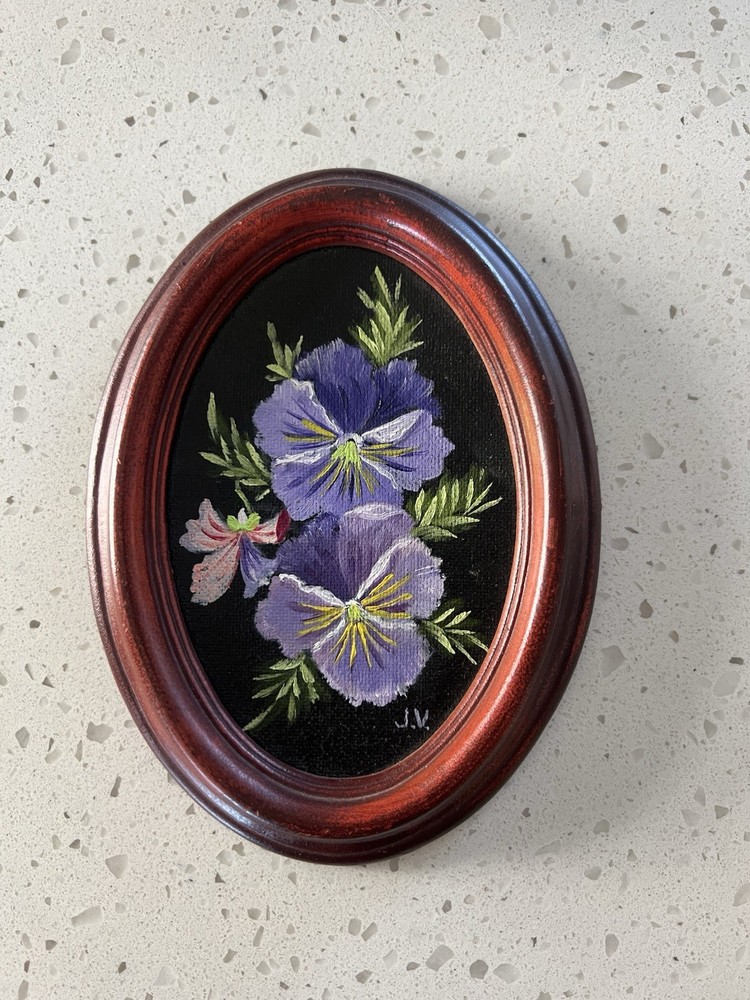 Vintage Antique Violet Pansy Vase Art Painting Framed Oval Acrylic