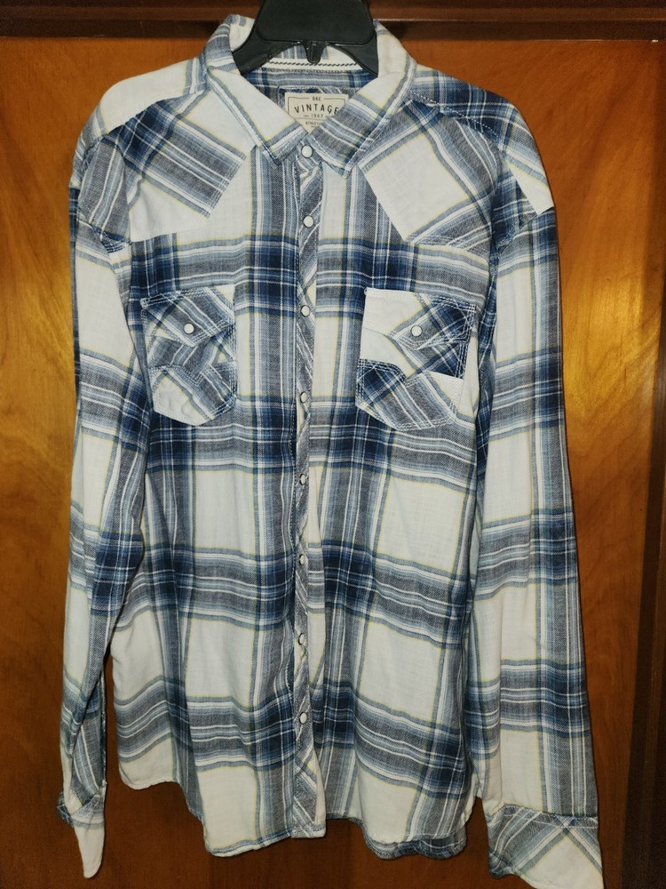BKE Buckle Men's XXL Plaid Pearl Snap Long Sleeve Shirt Blue White
