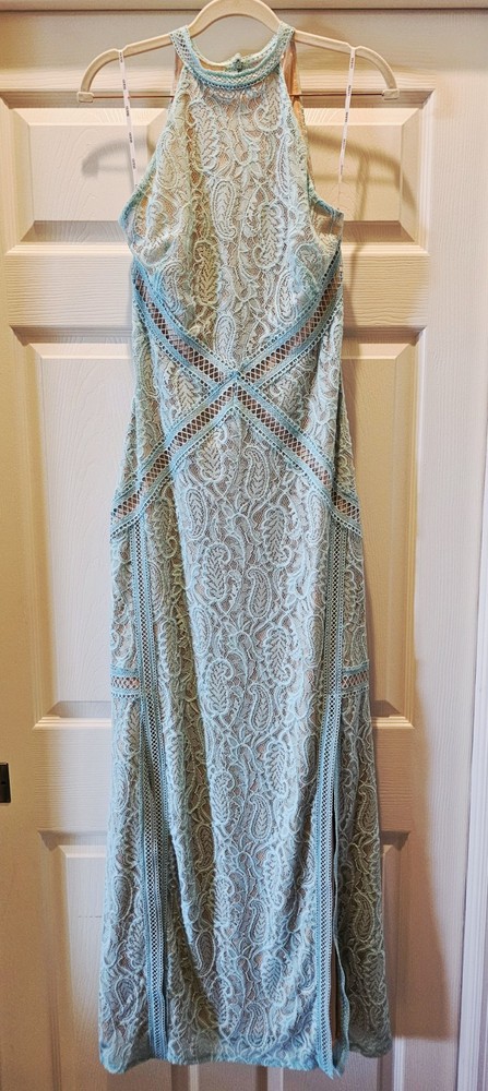 GUESS- Women's New Liza Lace Halter Sleeveless Gown In Tropic Water- Size Small