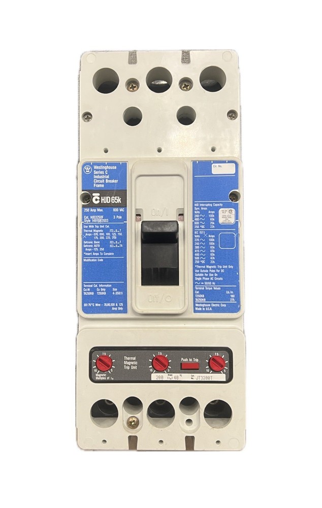 Westinghouse HJD3250F 250 Amp 600V 3P 200 Amp Rating Plug 65K Circuit Breaker