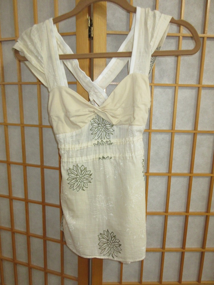 Free People Sleeveless Beige Cotton Top w/Floral Print w/Tie Accent,  SZ 0