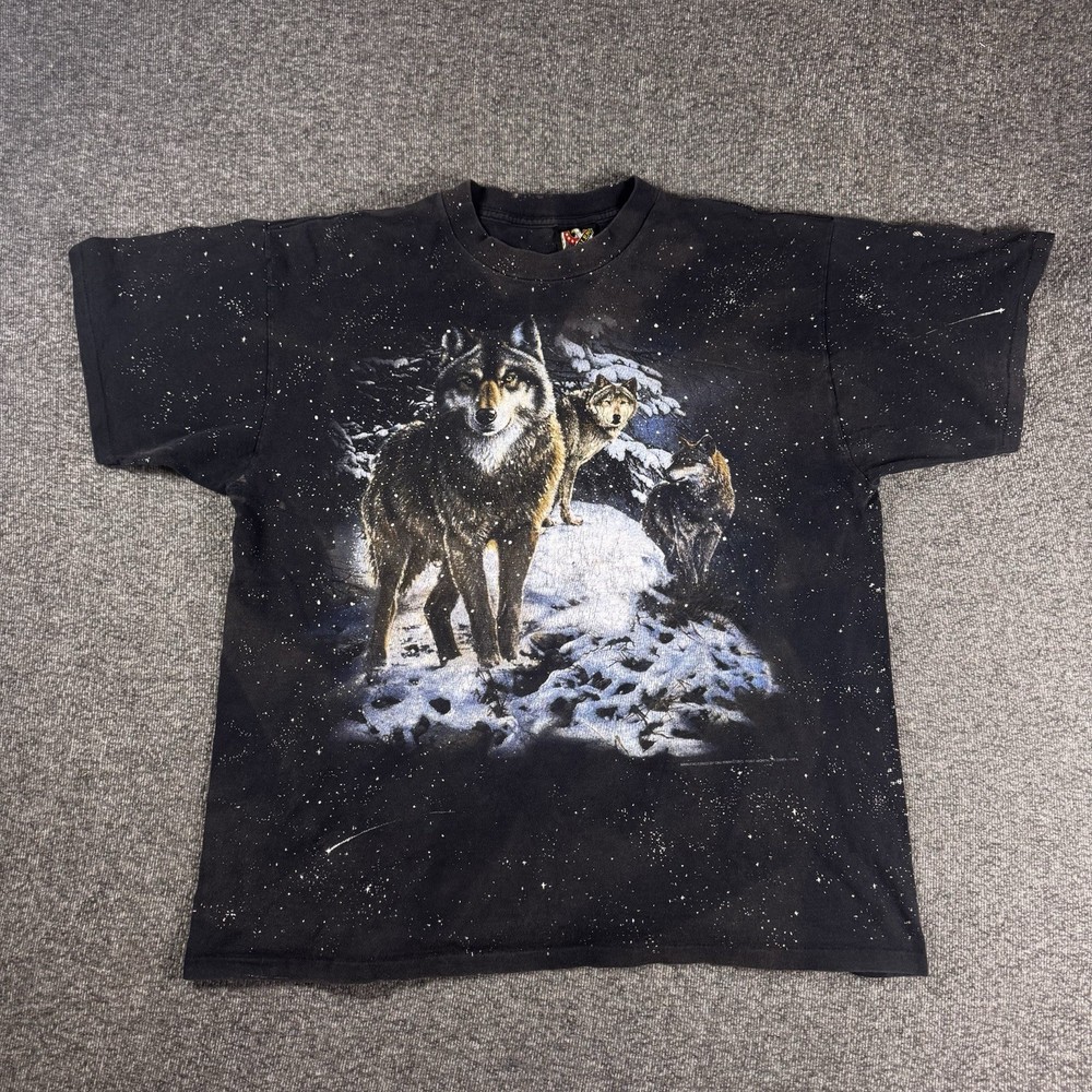 Vintage 3D Emblem T Shirt Mens XL Black Wolf AOP Biker 90s Made In USA
