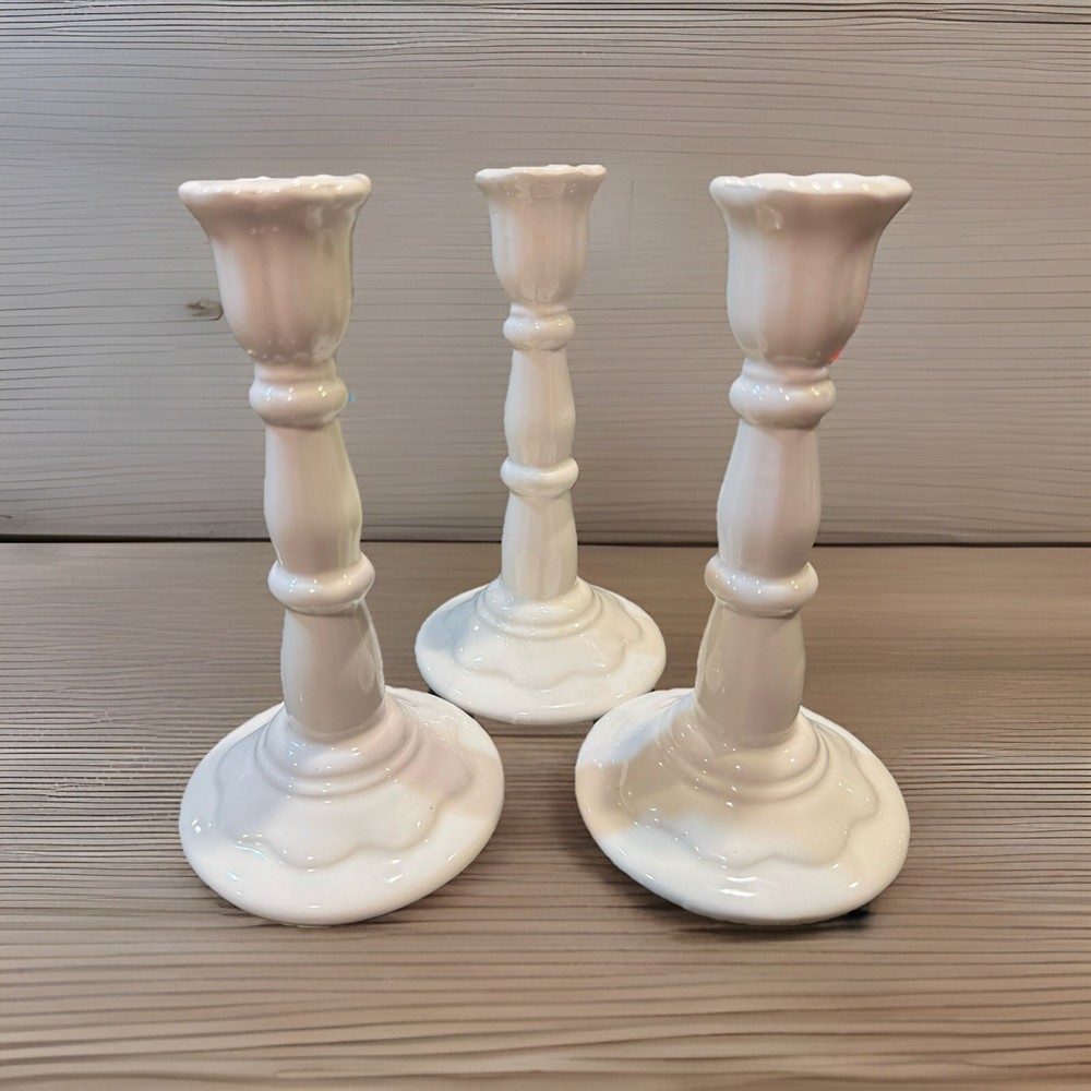 Vintage Set Of 3 Hallmark Milk White Candle Holders 6.75 Tall X 3.5” Wide. Mint