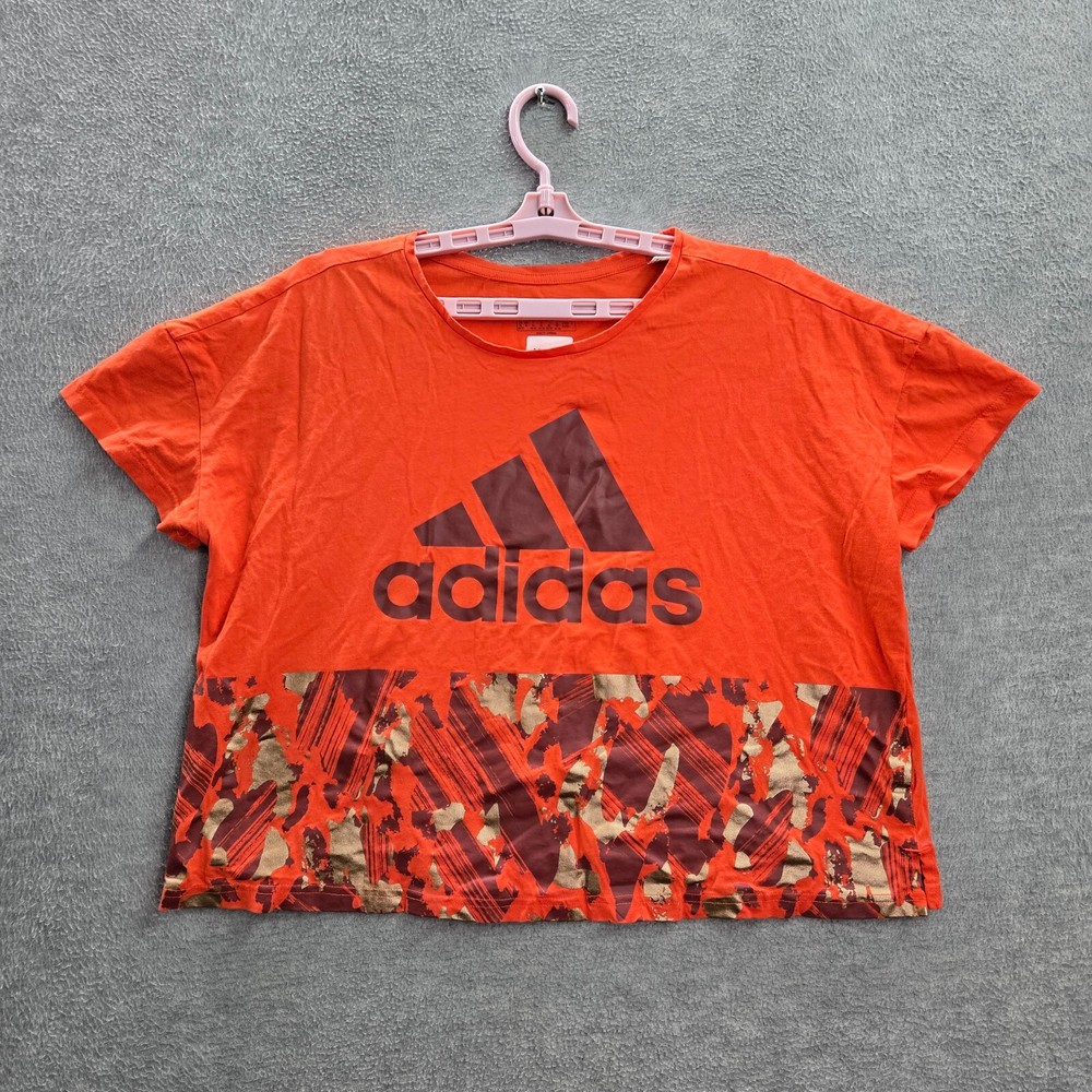 Adidas Women Top XL Orange Shirt Abstract Camo Cropped Logo Graphic Crew Neck-image