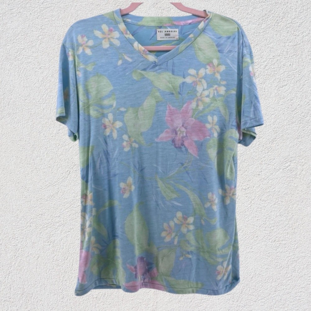 Sol Angeles Womens Tropical Floral V-Neck Slub Knit T-Shirt Blue M Made in USA