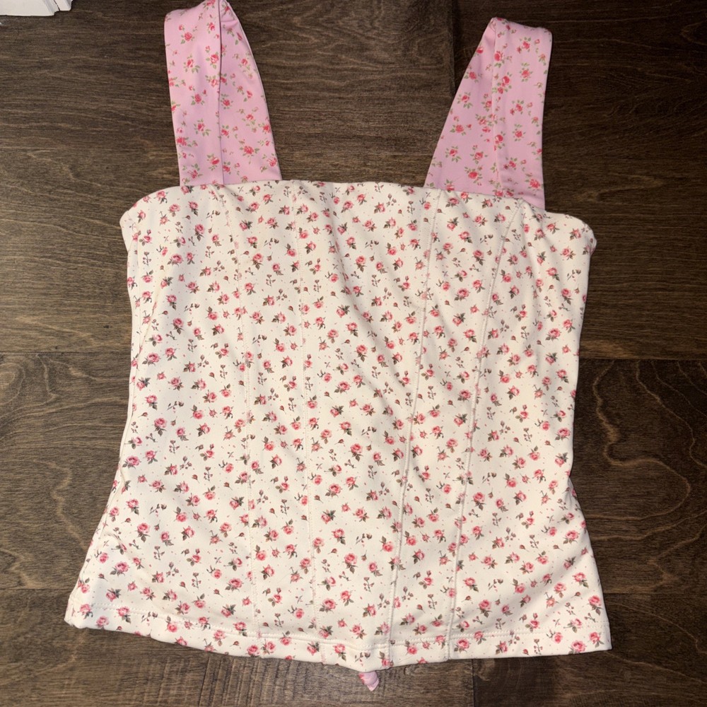 Blogilates Tiny Bows Corset Tank Top Women’s Small Cream Pink Floral NWT